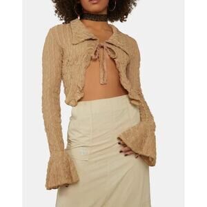 Zemeta Womens Open Front Cardigan Medium Brown Collared Bell Sleeve Cropped